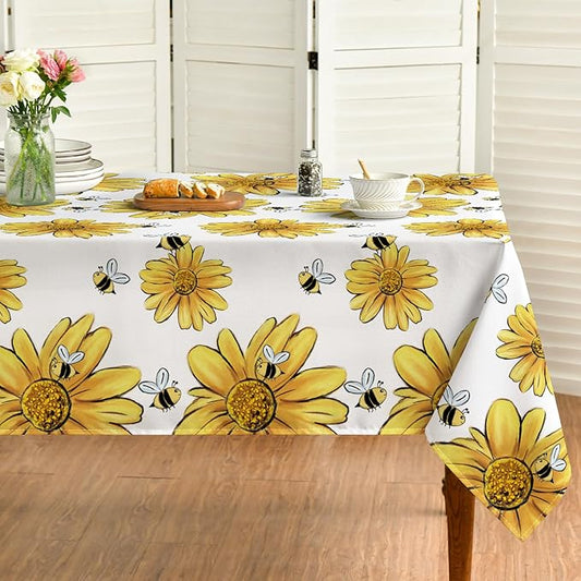 Horaldaily Summer Tablecloth 60 x 60 Inch Square Yellow Sunflower | Bumble Bee White Fall Washable Table Cover for Party Picnic Dinner Decor