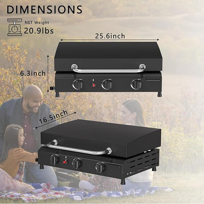 SKOK 23.3 Inch Flat Top Grill, Gas Griddle with Hood, Portable Tabletop Propane Gas Griddle Grill for Camping, Outdoor & Tailgating Barbecue, 45,000 BTU Output, 3 Burners