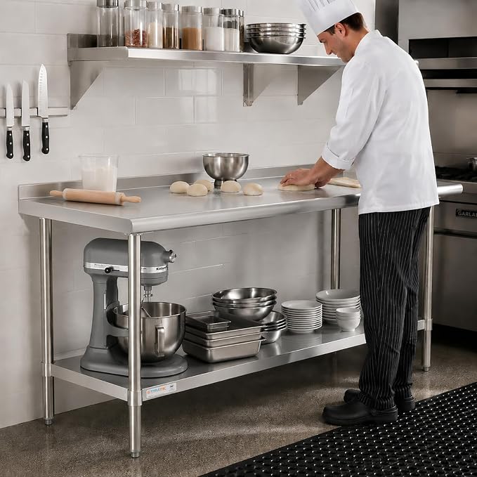 STABLEINK Stainless Steel Table with Backsplash 48x24 Inches 4ft for Prep | NSF Certified Metal Work Table with Adjustable Undershelf for Commercial Kitchen Restaurant Hotel Laundry Garage Chef