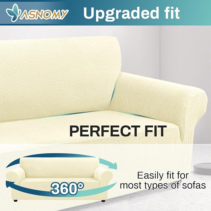 Asnomy Stretch Oversized Couch Covers for Sofa Slipcover,Off-White | 1-Piece Sofa Covers Washable(94"-110") 4-Seater Furniture Protector with Non Skid Foam and Elastic Bottom for Kids, Pets