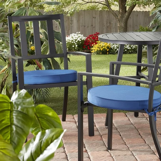 Set of 2 Outdoor 18 inch Round Patio Dining Chair Pads – Comfortable Fiber-Filled Seat Cushions with Ties, Reversible Polyester Fabric - Marine Blue