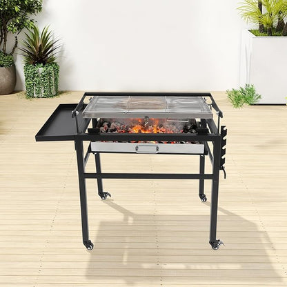360° Rotating BBQ Charcoal Grill with Wheels, Movable Barbecue Grill Stand-up Detachable Portable Outdoor Charcoal Grill for Camping Garden Commercial Backyard, Heavy Duty Square, 23.6"x16.5" Grid