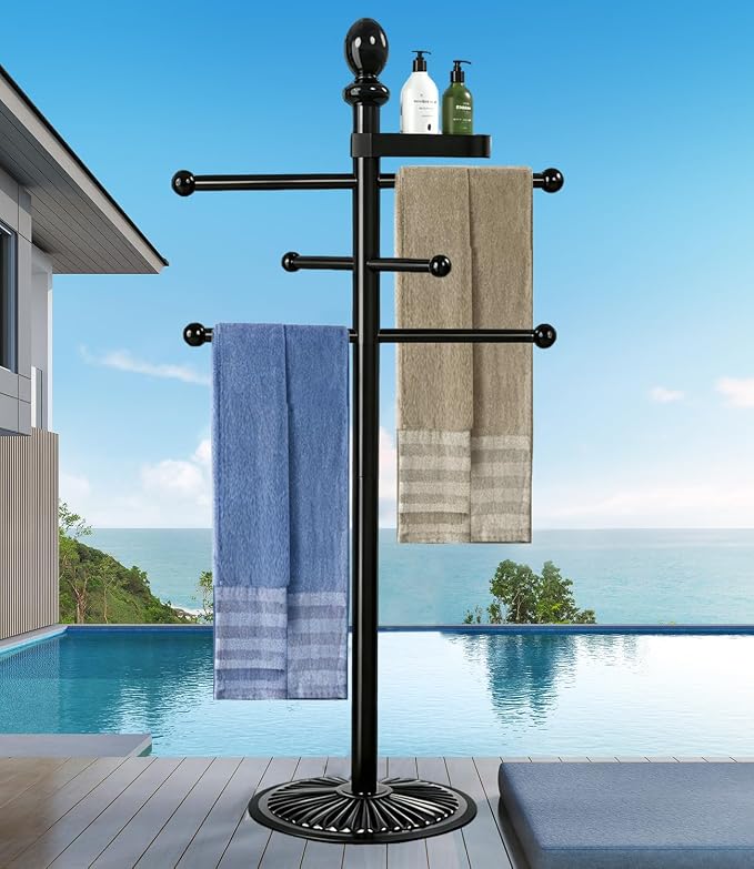Yozoluck Pool Towel Rack Outdoor, 6 Bars with Top Tray Metal Heavy Duty Never Tilt Pool Accessories with Heavy Metal Base, Hot Tub Accessories Towel Dying Rack Towel Stand for Pool, Hot Tub etc