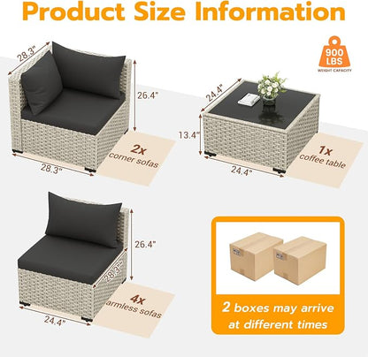 UDPATIO Outdoor Patio Furniture Set, 7 Pcs PE Wicker Sectional Sofa with Tea Table, Outdoor Conversation Set for Patio, Garden, Backyard (Black Cushions with Light Grey Rattan)