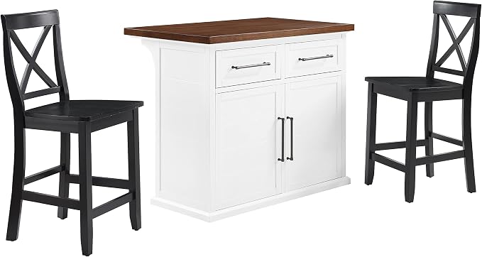 Crosley Furniture Bartlett Kitchen Island with Wood Top and X-Back Stools, White/Black
