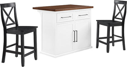 Crosley Furniture Bartlett Kitchen Island with Wood Top and X-Back Stools, White/Black