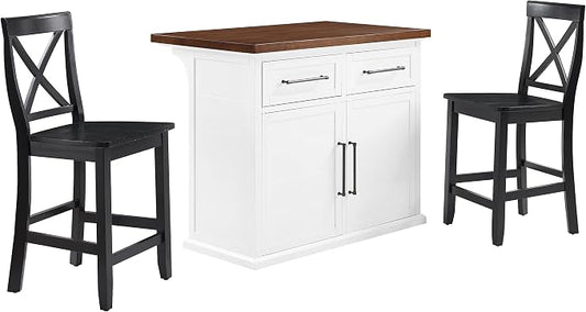 Crosley Furniture Bartlett Kitchen Island with Wood Top and X-Back Stools, White/Black
