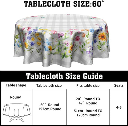 Sweetshow Spring Colorful Floral Table Cloth Round White Grey Buffalo Plaids Wildflower Butterflies Tablecloth 70 Inch Decor Washable Stain and Wrinkle Summer Round Table Cover for Dining Picnic