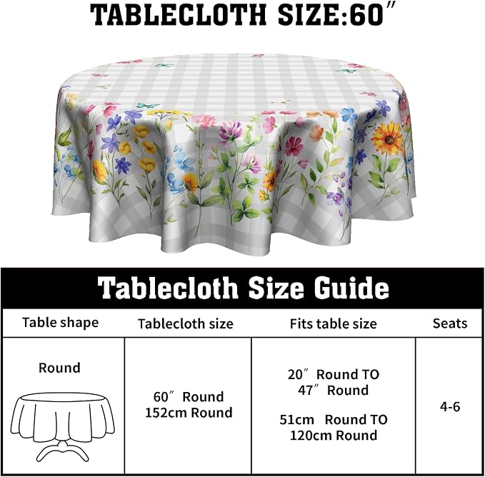 Sweetshow Spring Colorful Floral Table Cloth Round White Grey Buffalo Plaids Wildflower Butterflies Tablecloth 60 Inch Decor Washable Stain and Wrinkle Summer Round Table Cover for Dining Picnic