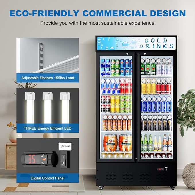 41.3''W Commercial Beverage Refrigerators, 30 Cu.ft. Glass Door Refrigerator Upright Display Cooler with Soft LED Light and Adjustable Shelves for Restaurant Grocery Stores Home