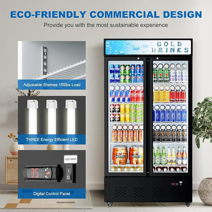 41.3''W Commercial Beverage Refrigerators, 30 Cu.ft. Glass Door Refrigerator Upright Display Cooler with Soft LED Light and Adjustable Shelves for Restaurant Grocery Stores Home