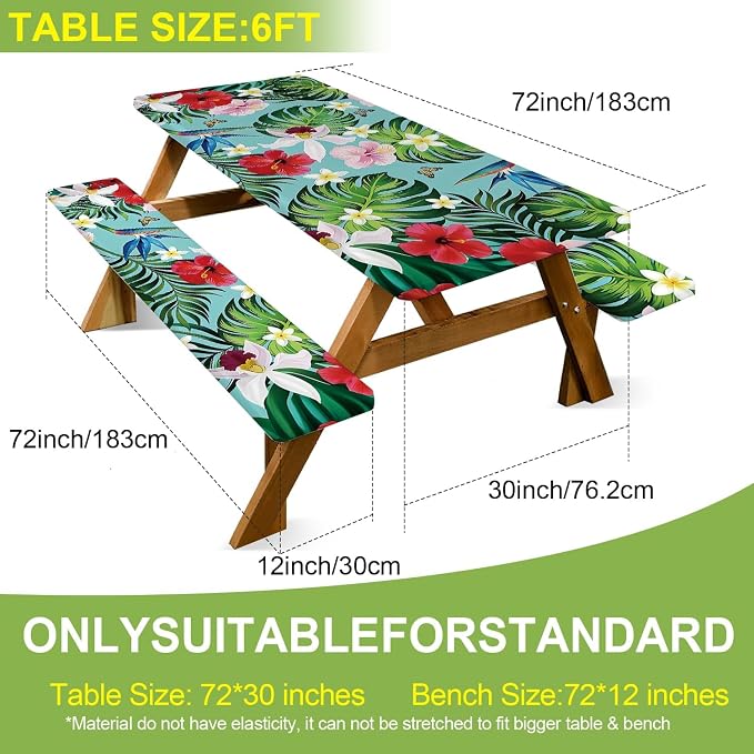 FOREVER QUEEN Picnic Table Cover with Bench Covers 72in,Waterproof Windproof Fitted Tablecloth,Tropical Floral Camping Essentials with Drawstring Bag,for RV,Patio,Park & Backyard