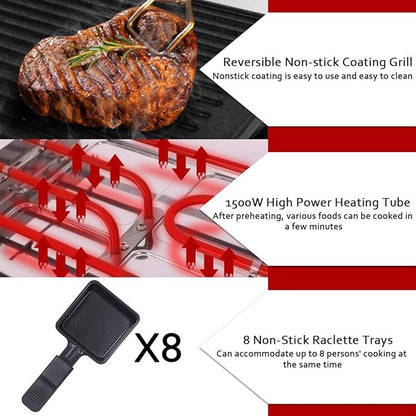 CUSIMAX Raclette Grill Electric Grill Table Portable 2 in 1 Korean BBQ Grill Indoor & Cheese Raclette, Reversible Non-stick plate, Crepe Maker with Adjustable temperature control and 8 Paddles