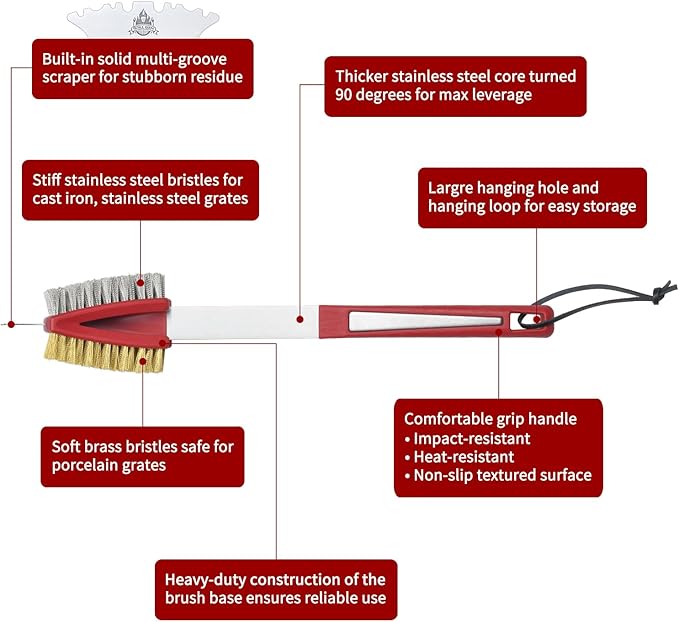 GRILLGEN Dual Sided Grill Brush and Scraper - 16.5" Heavy Duty 117-Hole Planted BBQ Cleaner with Brass & Stainless Steel Bristles - Safe for All Grates: Porcelain, Cast Iron and Steel