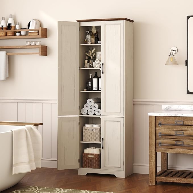 Function Home Farmhouse Kitchen Pantry Cabinet, 72" Tall Storage Cabinet with Doors and Adjustable Shelves, 6 Tier Freestanding Cupboard for Dining Room Living Room Bathroom, Antique White & Brown Top