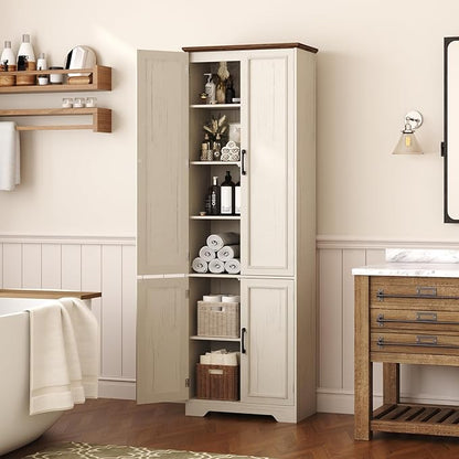 Function Home Farmhouse Kitchen Pantry Cabinet, 72" Tall Storage Cabinet with Doors and Adjustable Shelves, 6 Tier Freestanding Cupboard for Dining Room Living Room Bathroom, Antique White & Brown Top