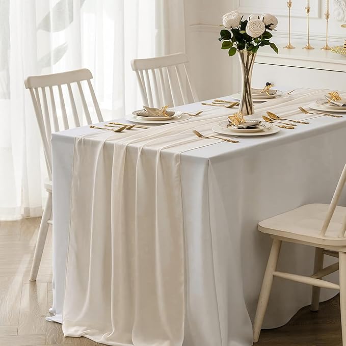 Ivory Glitter Chiffon Table Runner 35x120 Inches 6 Pack for Wedding Reception Formal Dining Table Decor