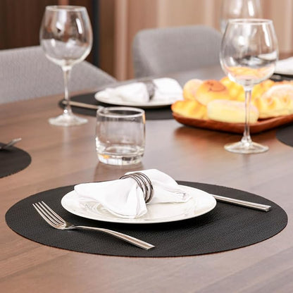 15 Inch Round Placemats Set of 8, Washable Vinyl Woven Place Mats | Heat Resistant Non-Slip Braided Table Mats for Dining Table Kitchen Indoor & Outdoor Use (Black, Set of 8)