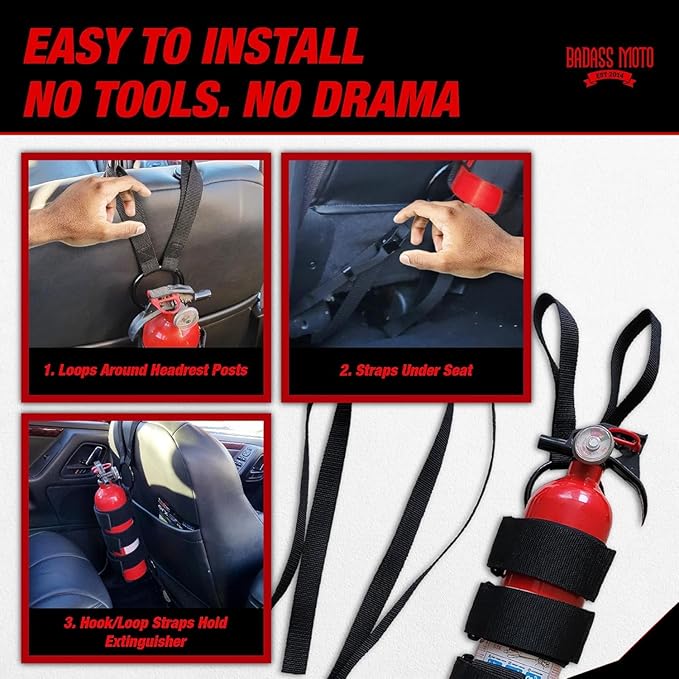 Badass Moto Car Fire Extinguisher Mount - Automotive Fire Extinguisher Mount for Vehicle Car Seat Headrest - Tool Free Seat Back Strap Install. Safety Kit Accessories for Jeep, Truck & SUV - 6 Pack