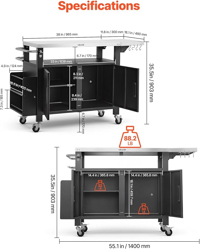 VEVOR Outdoor Grill Cart with Storage Cabinet, 55.1 Inch Grill Table, Waterproof Kitchen Island with Stainless Steel Top, Shelf, and Wheels, Movable Food Prep Station for Patio Bar Backyard BBQ