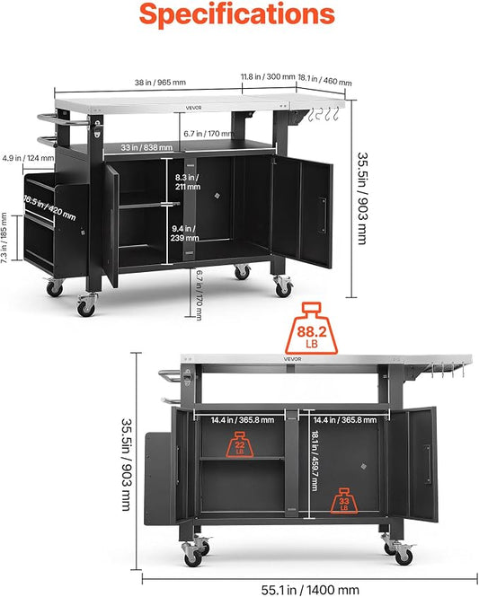 VEVOR Outdoor Grill Cart with Storage Cabinet, 55.1 Inch Grill Table, Waterproof Kitchen Island with Stainless Steel Top, Shelf, and Wheels, Movable Food Prep Station for Patio Bar Backyard BBQ