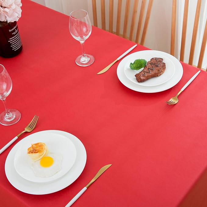 LIBERECOO Vinyl Tablecloth with Flannel Backing, Red, Waterproof, Stain-Resistant, Easy-Clean Table Cover for Holiday, Dining, Kitchen, and Outdoor Use, 60" x 84" Rectangle