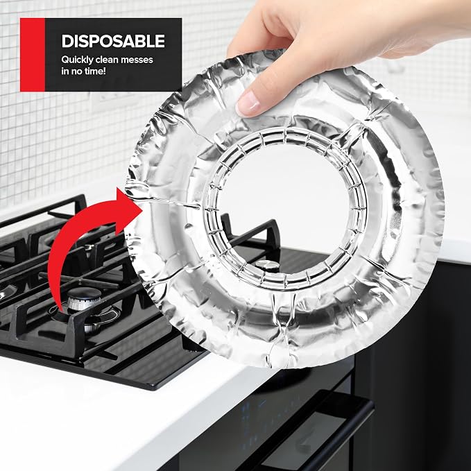 Round Disposable Gas Burner Liners (100 Pack) Aluminum Foil Burner Covers for Gas Stove - 7.5 Inch Stove Liners for Gas Burners, Foil Liners to Catch Oil, Grease, and Food Spills, Stock Your Home