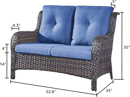 Rilyson Luxury Patio Outdoor Wicker Loveseat, 500 Lbs Weight Capacity Rattan Outdoor 2 seat Sofa Wicker with Deep Seating and Replaceable Cushions for Outside Porch Deck Balcony (Brown/Blue)