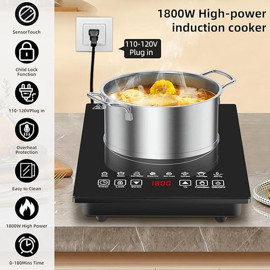 Single Burner Induction Cooktop,Hot Plate with 6 Cooking Modes, portable cooktop with LCD touch control,9 Levels &3H Timer,1800W 110V Portable induction Cooktop