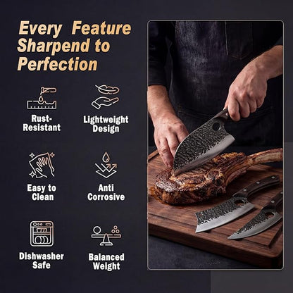 Butcher Knife Set 3PCS, Hand Forged Serbian Chef Knife & Meat Cleaver & Viking Knife, Food Cutting Kitchen Knife for Home, Outdoor Cooking, Camping BBQ Gift for Men