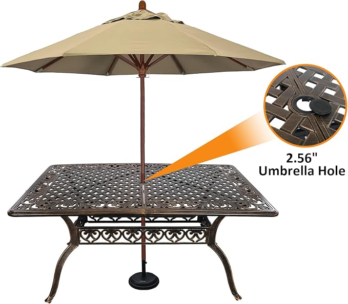 58.66" Bronze Aluminum Hollow Pattern Outdoor Dining Table, Fits 8, With Umbrella Hole