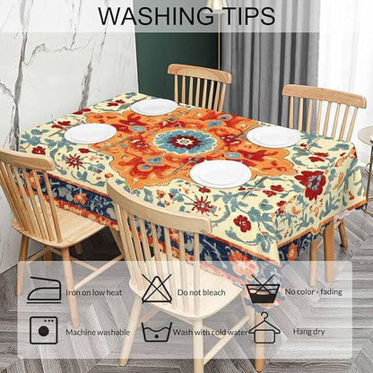 Carpet Boho Table Cloth Rectangle Table 52"X70", Ethnic Southwest Persian Style Rug Orange Wipeable Table Cover for Dinner Kitchen, Outdoor Tablecloth for Party Banquets Weddings