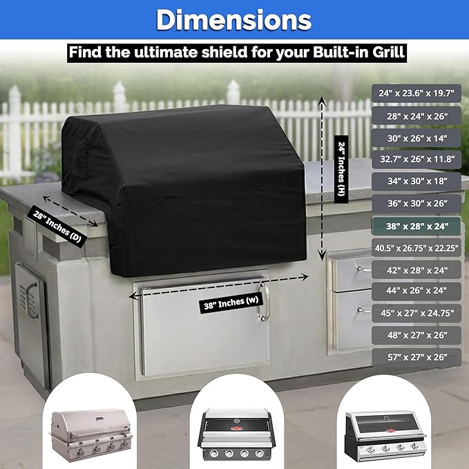 Covers & All Built-in Grill Cover for Outdoor Grill – Heavy Duty 12 oz Waterproof Built-in BBQ Grill Cover, PVC-Coated Polyester with Elastic Hem for Snug Fit (38 x 28 x 24 inches, Black)
