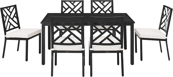 Crosley Furniture Locke 7-Piece Outdoor Dining Set for 6, Patio Table and Chairs for Backyard, Deck, Matte Black with Creme Cushions