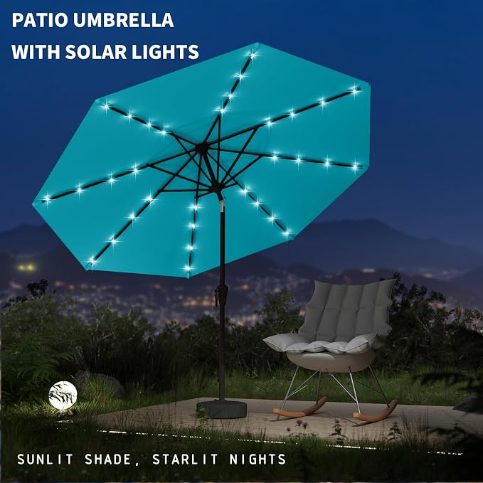 9FT Patio Umbrella with Solar Lights,Outdoor Market Umbrella with Tilt and Crank, LED Lighted Table Umbrella for Garden,Deck,Backyard,Pool,Beach (Light Blue)