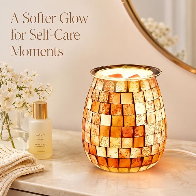 Dicimi Pink Wax Warmer for Scented Wax, Mosaic Glass Wax Melt Warmer with Gold Leaf, Electric Wax Burner with Removable Tray, Flameless Night Light Aromatherapy Gift for Women