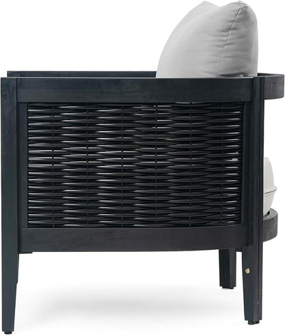 Christopher Knight Home Newine Acacia Wood Patio Accent Chair, Wooden Lounge Chair Outdoor, Wicker Club Chair with Removable Cushion, Comfy Reading Chair for Backyard/Garden/Balcony, Black+Light Grey