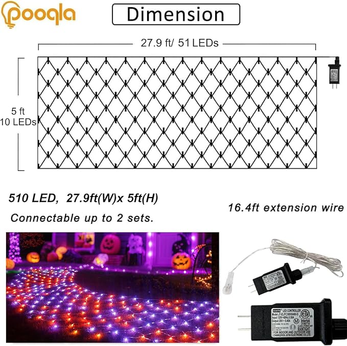 Pooqla Orange and Purple Halloween Net Lights Outdoor, 28x 5ft Clear Wire | 510 LED Large Net Mesh Lights Plug in, 8 Modes Waterproof Connectable Bushes Lights for Halloween Hedge Yard Decor
