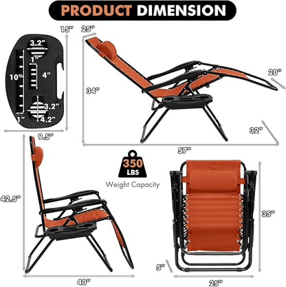 Giantex Zero Gravity Reclining Chair, Outdoor Patio Recliner with Cup Holder & Removable Pillow, Adjustable Backrest, Indoor Lounge Chair for Backyard, Garden, Poolside (Orange)