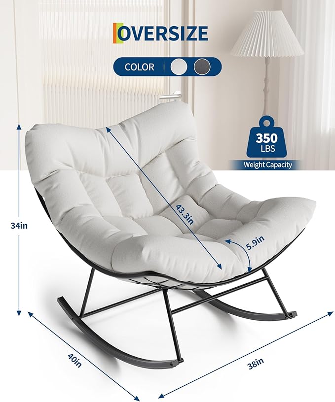 GarveeLife Outdoor Papasan Rocking Chair, Oversized Rocking Chair with Sturdy Metal Frame, Patio Egg Rocker for Balcony Backyard Porch Bedroom, White