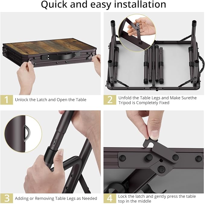 Anbte 2ft Camping Folding Table, 24" X 16" Aluminum Small Portable Table | 3 Adjustable Height Max 27.5", Camping Table with Portable Handle & Storage Net, For Outdoor Indoor Picnic Beach Travel,Brown