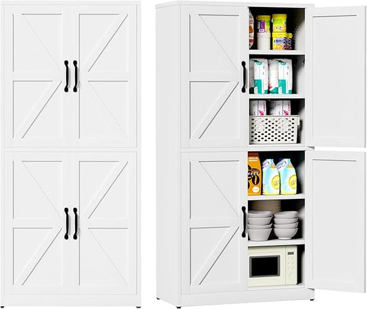 Kitchen Pantry Storage Cabinet, 64" Metal Pantry Cabinet with 4 Doors and Adjustable Shelves, Kitchen Pantry with Hooks for Home, Living Room, Assemble Required (White)