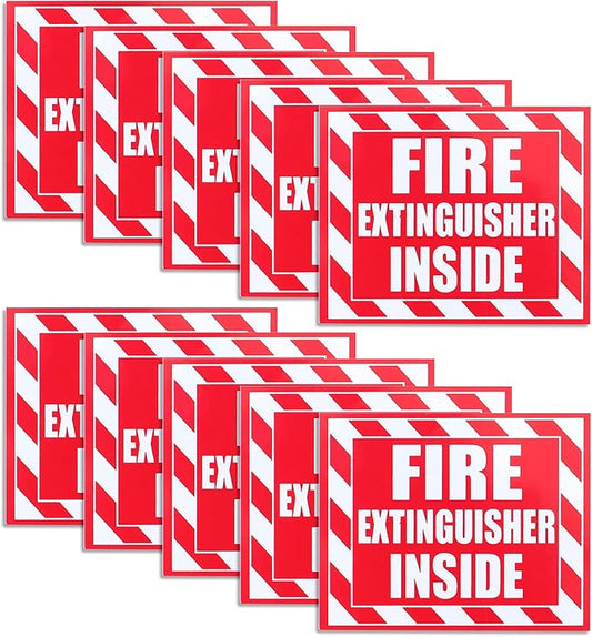 Fasmov 10 Pack Fire Extinguisher Inside Sticker Sign, 5" x 4" Self-Adhesive Vinyl Decals, Weatherproof & UV Protected for Cars, Trailers, Rv's, Trucks and Vehicles, Red on White