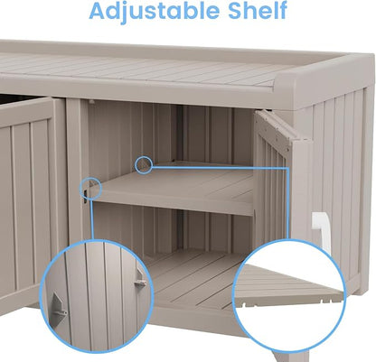 3 Doors Shoe Bench, Waterproof & UV-Resistant, Resin Shoe Cabinet Indoor & Outdoor Use, Entryway Bench with Adjustable Shelves & Hidden Storage Space for Bedroom, Hallway, Grey