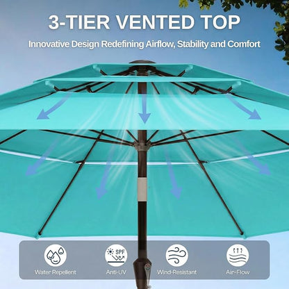 10ft Patio Umbrella, 3 Tier Outdoor Market Table Umbrellas with 8 Fiberglass Ribs and Push Button Tilt, Windproof, Vented Canopy, UV Protection for Deck, Pool, Backyard
