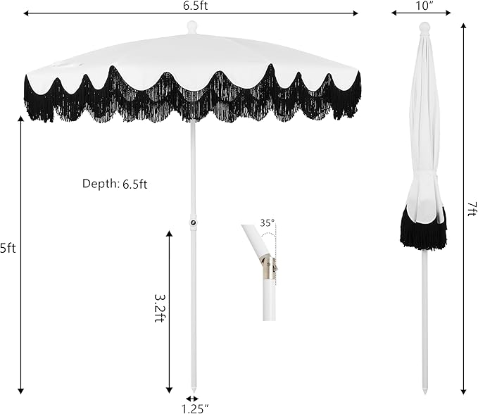 JONATHAN Y Mariner 6.5 ft. Solid Fringe Beach Umbrella, White/Black | Push-Button Tilt, UV 50 Protection, Matching Carry Bag, Iron Pole, Wind Vent, Scalloped Round Canopy