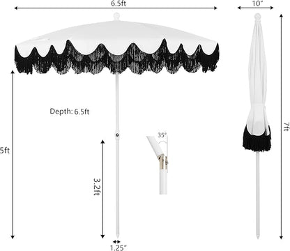 JONATHAN Y Mariner 6.5 ft. Solid Fringe Beach Umbrella, White/Black | Push-Button Tilt, UV 50 Protection, Matching Carry Bag, Iron Pole, Wind Vent, Scalloped Round Canopy