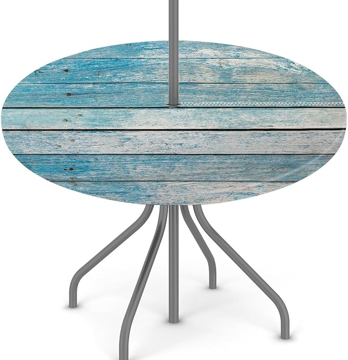 Outdoor Tablecloth with Umbrella Hole, Blue Wooden Round Fitted Table Cloth with Elastic 36"-44" Waterproof Oil-Proof Round Outdoor Tablecloth Patio Table Cover for Picnic Camping Party