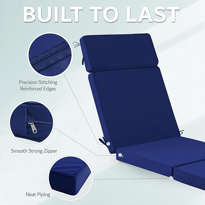 72 x 21 Inch Outdoor Chaise Lounge Cushions Set of 2 - Removable Cover, 4-Section Design, Water-Repellent & Fade-Resistant, 6 Tie Straps, Replacement for Patio & Pool Chairs - Navy