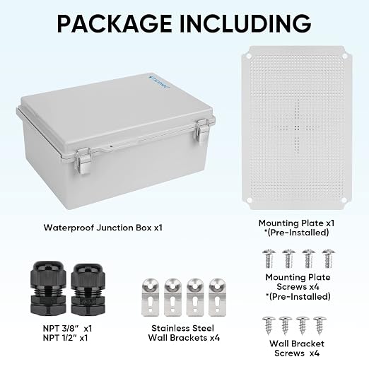 TICONN Outdoor Electrical Box Waterproof, Junction Box IP67 ABS Plastic Enclosure with Hinged Cover with Mounting Plate, Wall Brackets, Cable Glands (Off-White, 13.8"x9.8"x5.9")